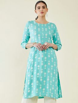 Soch - Women Turquoise Rayon Printed Kurta