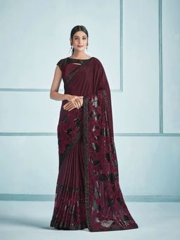 Odette - Wine Lycra Saree with Unstitched Blouse