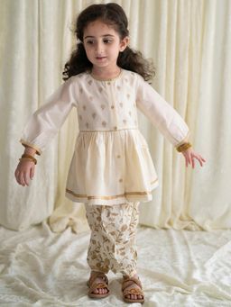 TIBER TABER - Baby Girl Chanderi Angrakha Suit Embroidered - Cream (Set of 2)