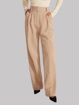 Fnocks - Womens Beige Wide-Leg High-Waisted Formal Trouser