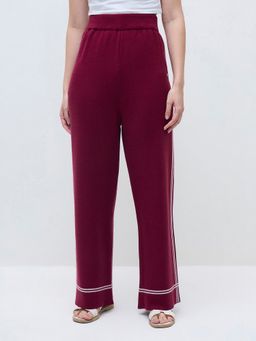 ELLE - Wine Blended Solid Flat Knitted Ribbed Pant