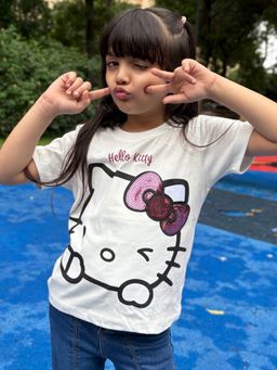 Napchief - Off White Girls Hello Kitty Sequin Bow T-Shirt
