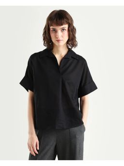 RAREISM - Black Linen Blend Boxy Fit Top