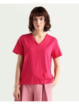 RAREISM - Pink Solid Relaxed Fit V-Neck T-Shirt