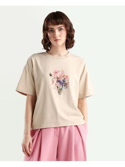 RAREISM - Beige Floral Print Boxy Fit T-Shirt