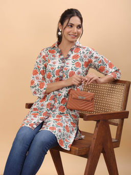 Janasya - Women Cream Cotton Floral A-Line Tunic