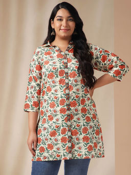 Janasya - Women Plus Size Cream Cotton Floral Regular Tunic