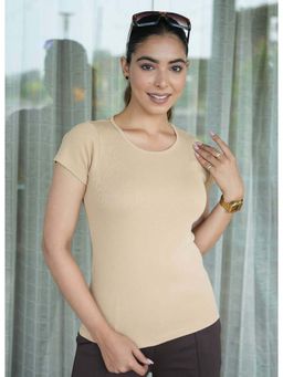 MLADA - Beige Round Neck Solid T-Shirt