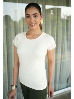 MLADA - Off White Round Neck Solid T-Shirt