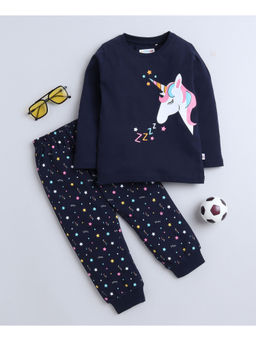 Bumzee - Navy Blue Girls Full Sleeves T-Shirt & Joggers (Set of 2)