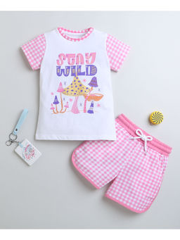 Bumzee - White & Pink Girls Half Sleeves T-Shirt & Short (Set of 2)