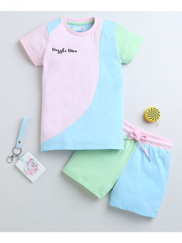 Bumzee - Sky Blue & Pink Girls Half Sleeves T-Shirt & Short (Set of 2)
