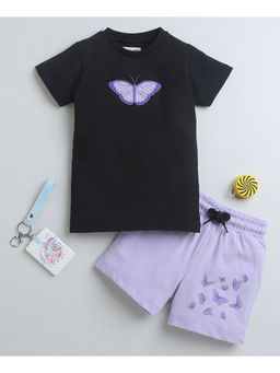 Bumzee - Black & Lavender Girls Half Sleeves T-Shirt & Short (Set of 2)