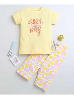 Bumzee - Yellow & White Girls Half Sleeves T-Shirt & Capri (Set of 2)
