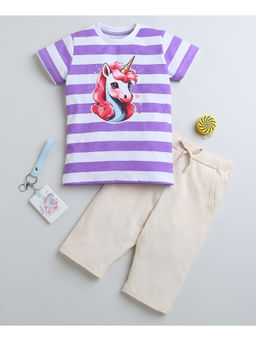 Bumzee - Beige & Purple Girls Half Sleeves T-Shirt & Capri (Set of 2)