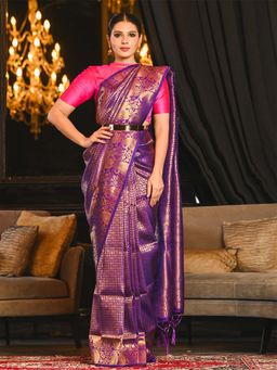 Beatitude - Purple Kanjivaram Silk Saree with Unstitched Blouse
