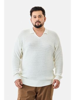 Snitch - White Textured Full Sleeves Plus Size Polo T-shirt for Men