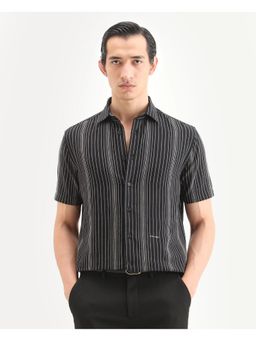 Rare Rabbit - Men's Black Linen Blend Collar Striped Shirt