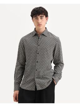 Rare Rabbit - Men's Black Cotton Collar Jacquard Shirt