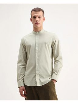 Rare Rabbit - Men's Green Cotton Plain Mandarin Collar Shirt