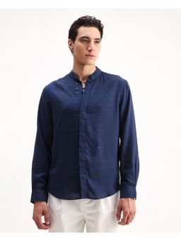 Rare Rabbit - Men's Navy Plain Mandarin Collar Shirt