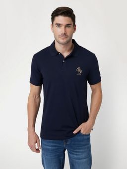 Guess - Men Solid Navy Blue Collar Polo T-Shirt