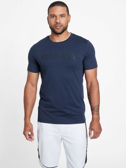 Guess - Men Navy Blue Typographic Short Sleeves T-Shirt