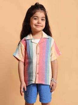 Kids of Greendeer - Multi-Color Stripes Regular Fit Shirt and Shorts (Set of 2)