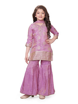 Tiny Kingdom - Girls Purple Embroidered Kurti & Gharara with Dupatta