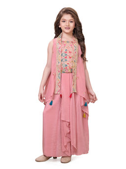Tiny Kingdom - Girls Pink Embroidered Choli & Lehenga with Shrug
