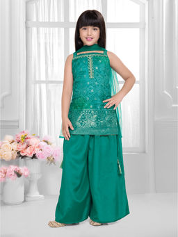 Tiny Kingdom - Girls Green Embroidered Kurti & Palazzo with Dupatta