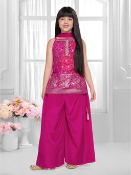 Tiny Kingdom - Girls Pink Embroidered Kurti & Palazzo with Dupatta