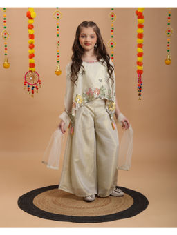 Tiny Kingdom - Girls Cream Embroidered Top & Palazzo with Dupatta