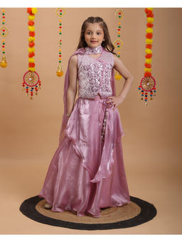 Tiny Kingdom - Girls Pink Embroidered Choli & Lehenga with Dupatta