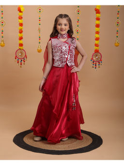 Tiny Kingdom - Girls Red Embroidered Choli & Lehenga with Dupatta