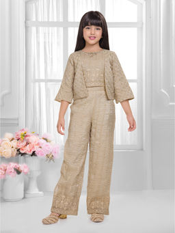 Tiny Kingdom - Girls Beige Embroidered Co-Ord Set with Jacket