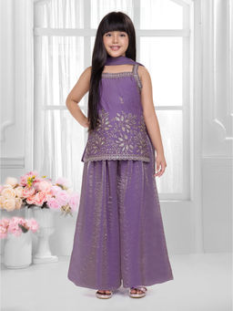 Tiny Kingdom - Girls Purple Embroidered Kurti & Palazzo with Dupatta
