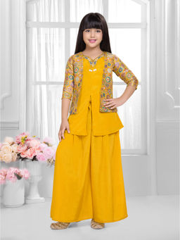 Tiny Kingdom - Girls Yellow Embroidered Kurti & Palazzo with Jacket