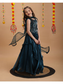 Tiny Kingdom - Girls Green Embroidered Choli & Lehenga with Dupatta