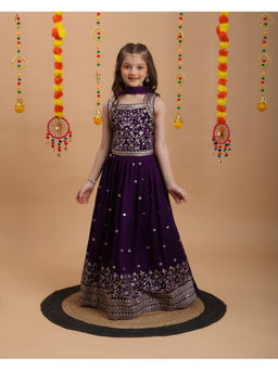 Tiny Kingdom - Girls Purple Embroidered Choli & Lehenga with Dupatta