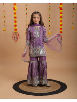 Tiny Kingdom - Girls Purple Embroidered Kurti & Gharara with Dupatta