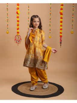 Tiny Kingdom - Girls Mustard Embroidered Kurti & Pant with Dupatta