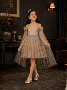 Superminis - Girls Beige Net Shoulder Strap Knee Length Party Dress