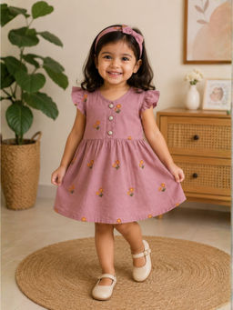 Superminis - Girls Purple Cotton Embroidery Frill Sleeve Fit & Flared Dress