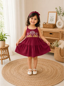 Superminis - Girls Wine Cotton Embroidery Stripe Fit & Flared Dress