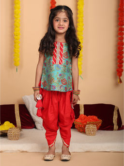 Kinder Kids - Green Floral Printed Kurti & Dhoti