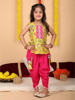 Kinder Kids - Yellow Floral Printed Kurti & Dhoti