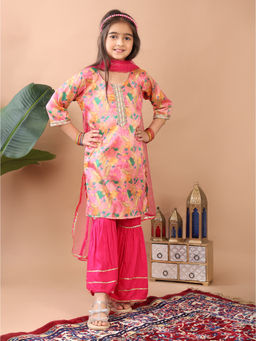 Kinder Kids - Pink 3/4 Sleeves Floral Kurti with Sharara & Dupatta