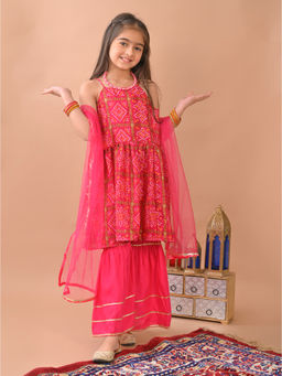 Kinder Kids - Pink Bandez Sleeveless Kurti with Sharara & Dupatta