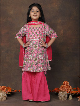 Kinder Kids - Pink Floral Kurti & Sharara with Dupatta